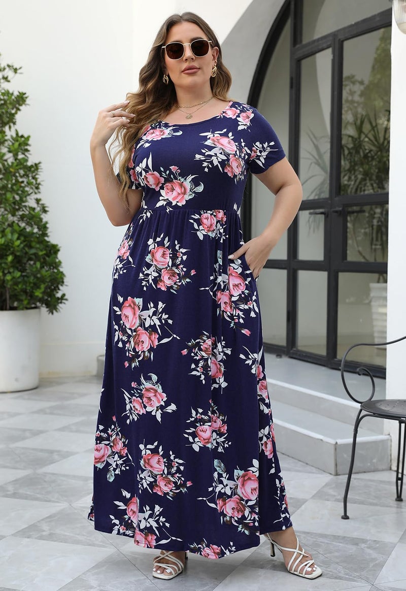 Nemidor Plus Size Maxi Dresses for Curvy Women Summer Casual Loose Short Sleeve Long Beach Dress with Pocket(149,24,143NavyPrint) - Image 3